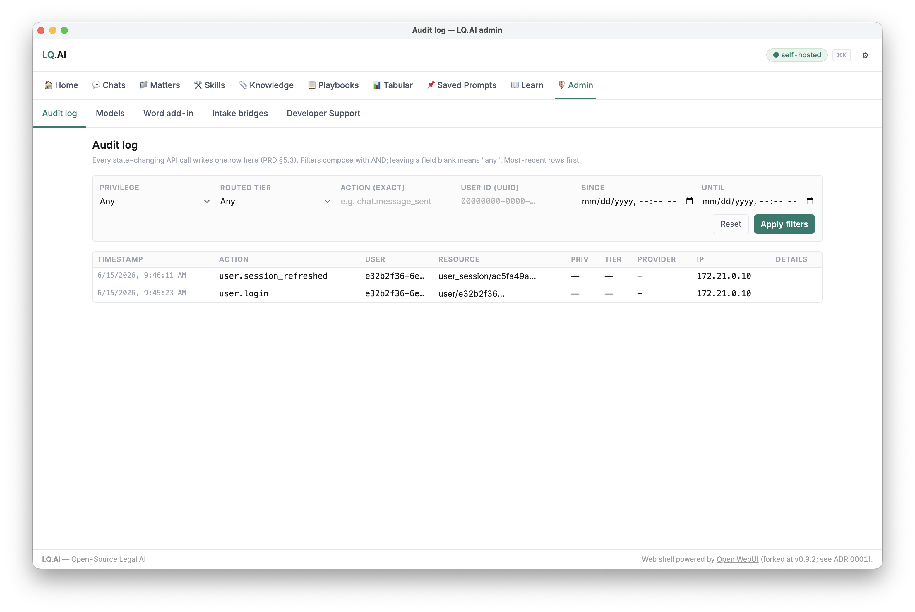 The LQ.AI Admin audit log showing user.login and user.session_refreshed rows.