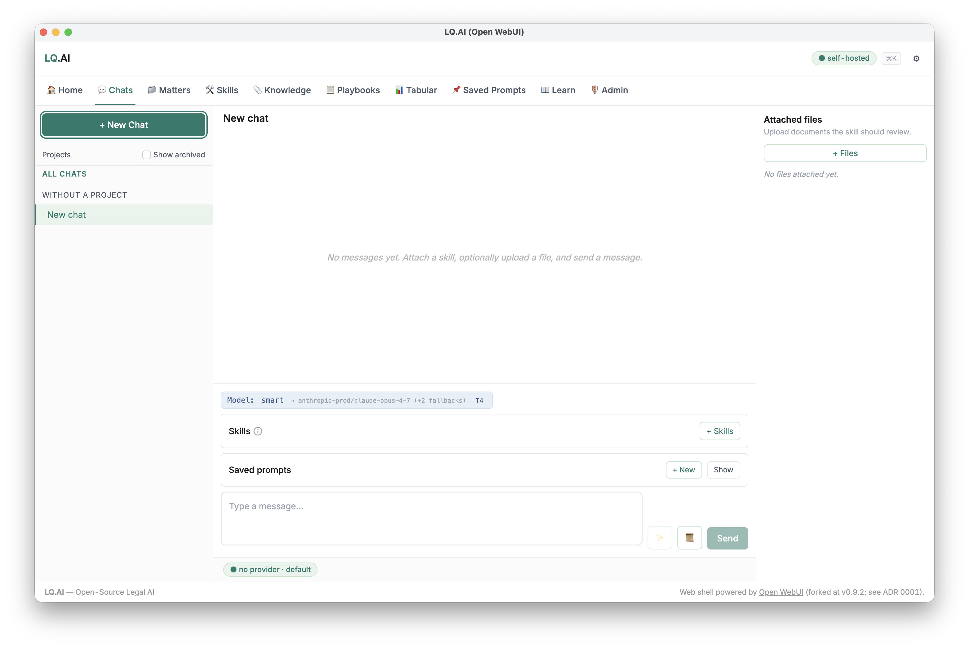 A new LQ.AI chat showing a green “no provider · default” badge before any key is added.