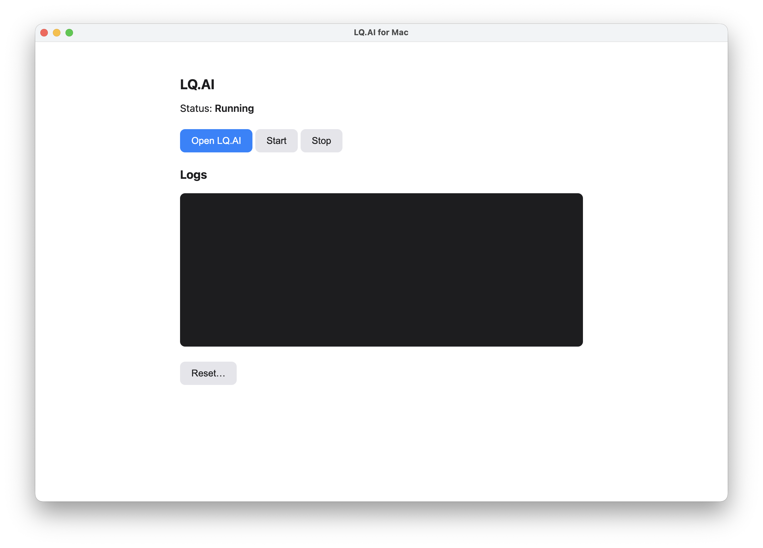 The LQ.AI launcher control panel showing Status: Running with an Open LQ.AI button, logs, and a Reset button.