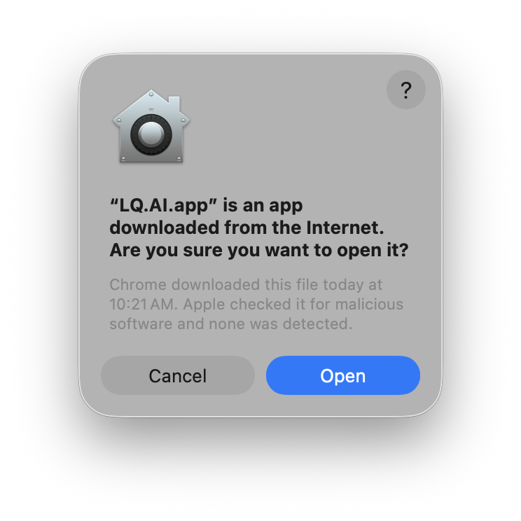 macOS confirming the LQ.AI app was checked by Apple and no malicious software was detected.