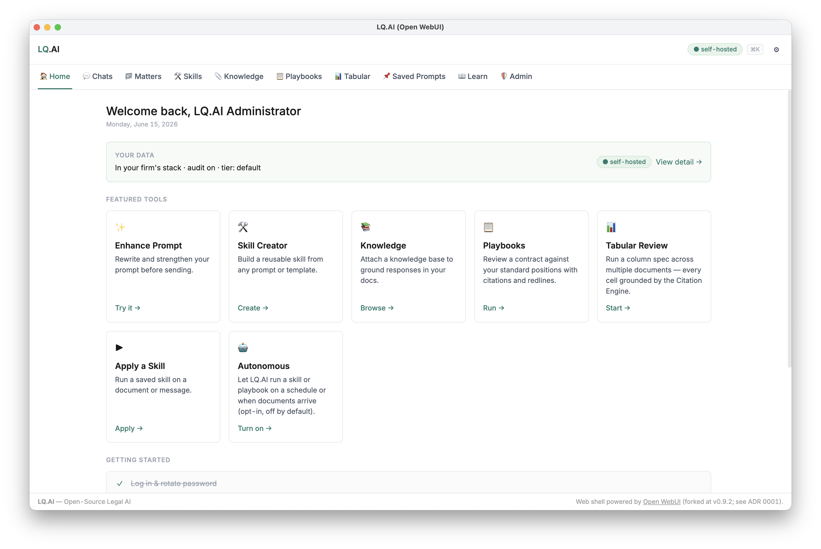 The LQ.AI home screen after login — your self-hosted legal-AI workspace.