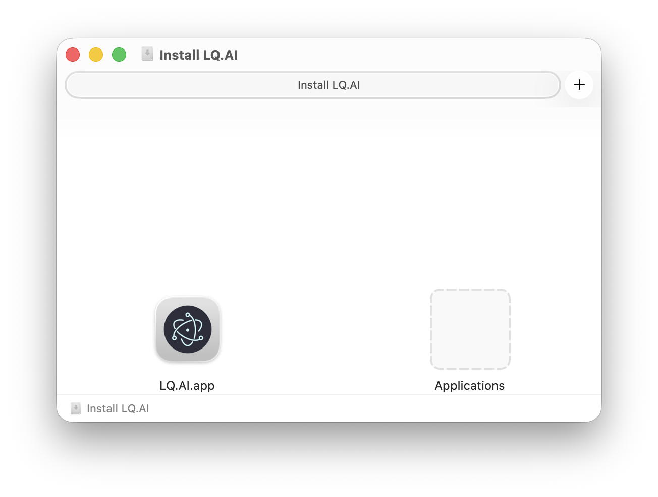 The opened LQ.AI disk image — drag the LQ.AI.app icon onto the Applications folder.