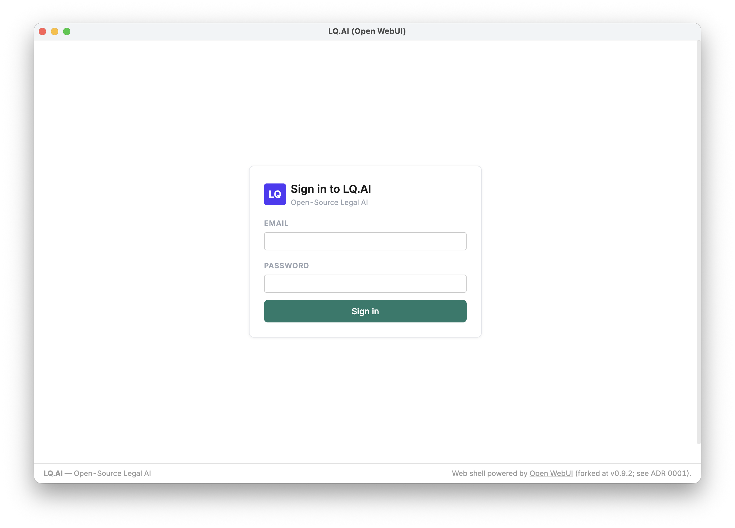 The LQ.AI web sign-in form with email and password fields, powered by Open WebUI.