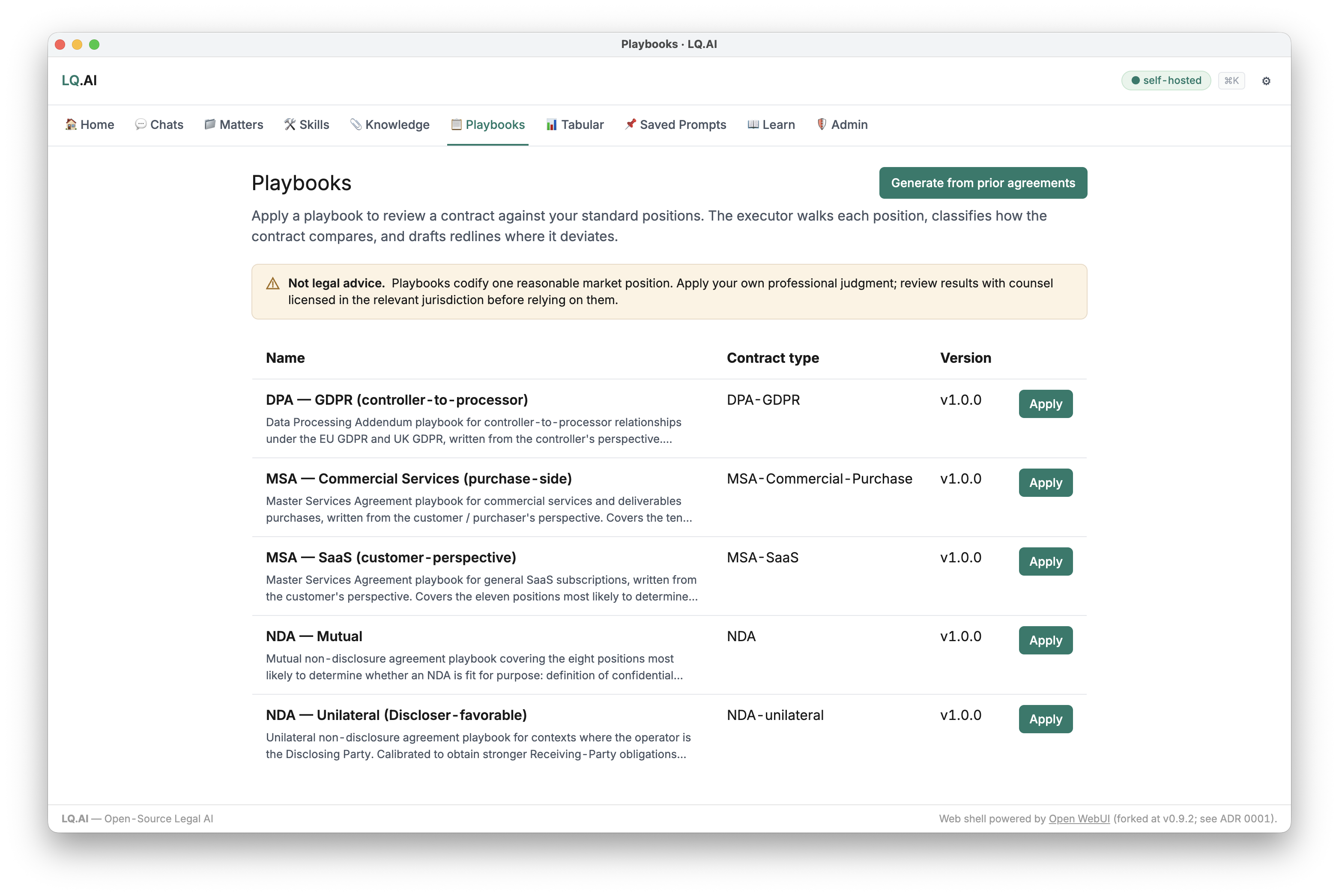 The LQ.AI Playbooks list — DPA-GDPR, MSA-Commercial, MSA-SaaS, NDA-Mutual, NDA-Unilateral — each with an Apply button.
