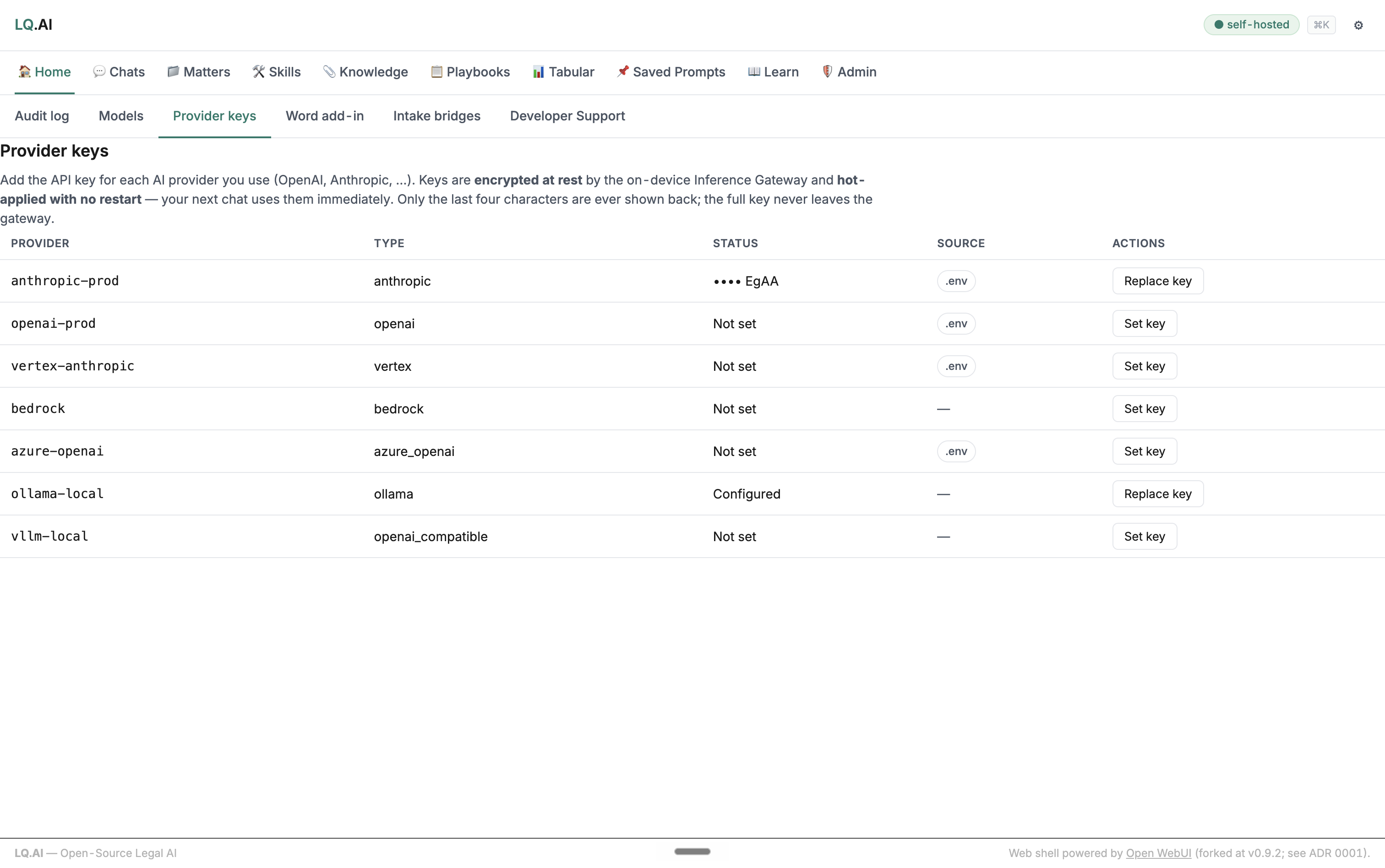 The LQ.AI admin Provider keys page — a table of providers with their type, status (e.g. •••• EgAA), key source (.env or runtime), and Set/Replace/Revoke actions.