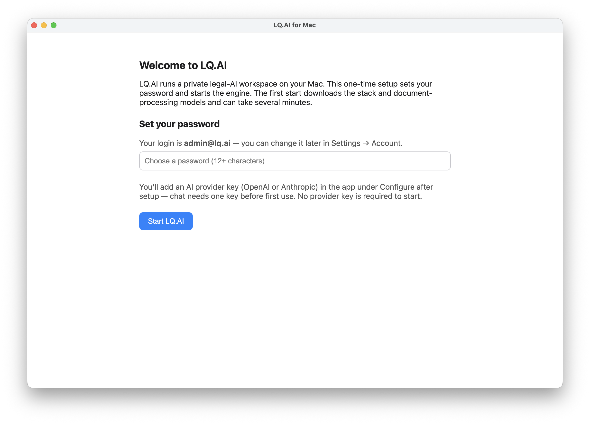 The first-run LQ.AI setup wizard — welcome screen with a password field, an optional API-key field, and a Start LQ.AI button.