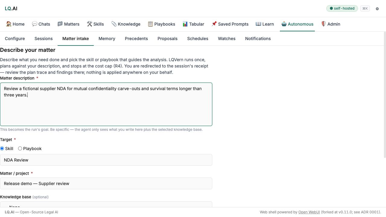 Matter intake form with a fictional NDA review, a selected skill, and a demo matter.