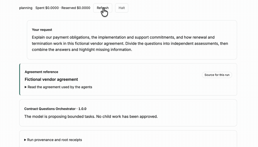 Animated preview of model planning, approval, and child progress in the experimental orchestration chat.